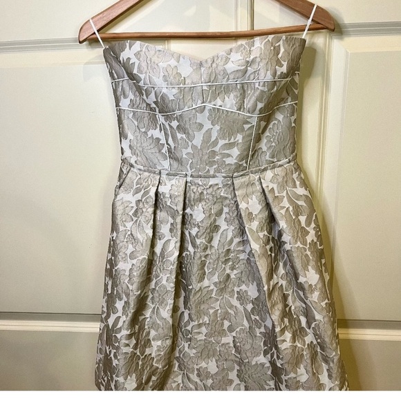 Strapless mini dress cream taupe brocade Cynthia Steffe - Picture 3 of 11